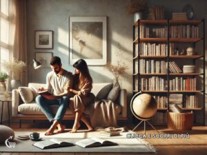coppia leggere libri e pianifica prossimo viaggio